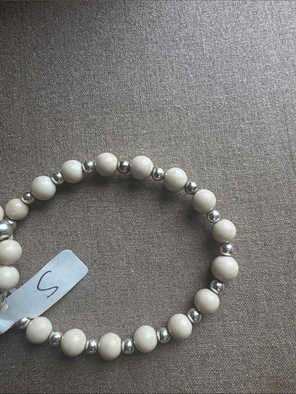 Neutral Cream Bead Stretch Bracelet Set with Sterling Silver Accents - Picture 4 of 4